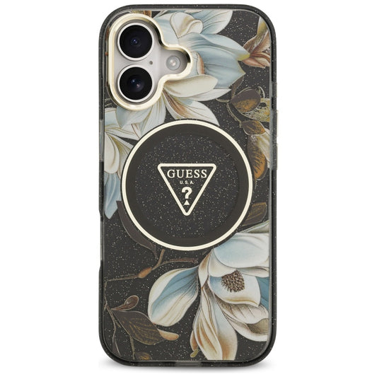 MagSafe Case for Apple iPhone 17, Guess, IML Metal Glitter Flowers Triangle, Black