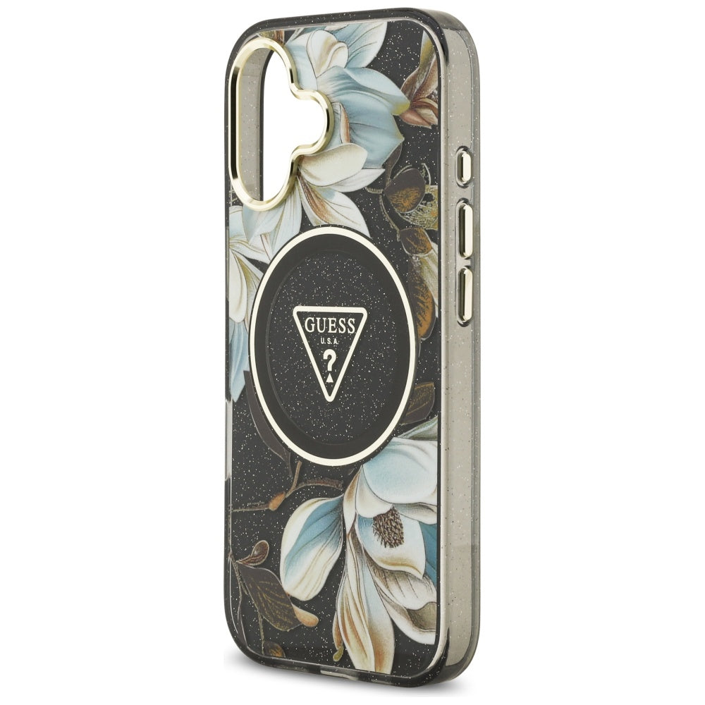 MagSafe Case for Apple iPhone 17, Guess, IML Metal Glitter Flowers Triangle, Black