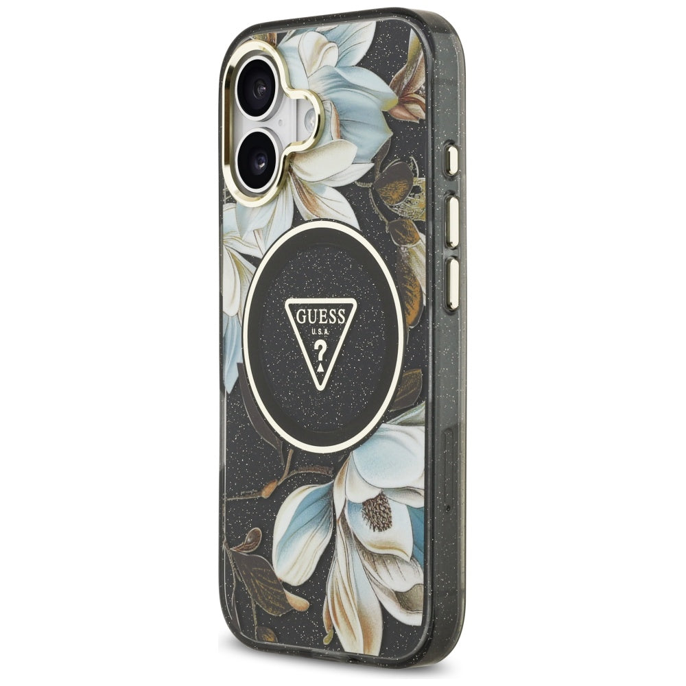 MagSafe Case for Apple iPhone 17, Guess, IML Metal Glitter Flowers Triangle, Black