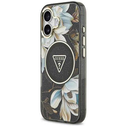 MagSafe Case for Apple iPhone 17, Guess, IML Metal Glitter Flowers Triangle, Black