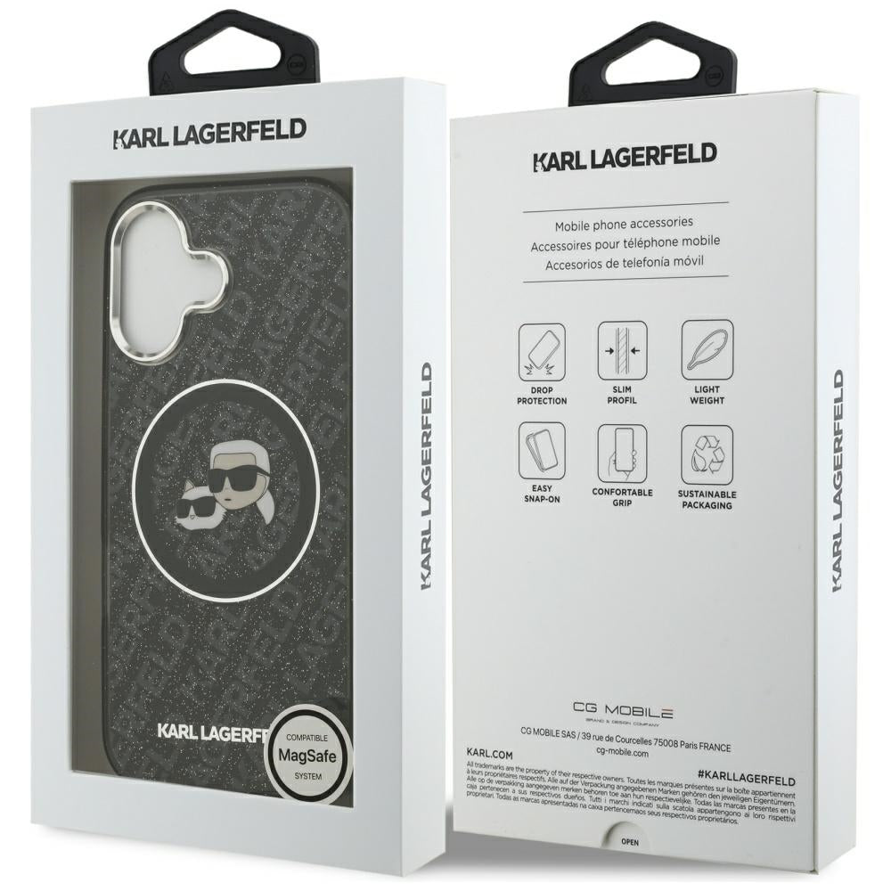 Θήκη MagSafe για Apple iPhone 17, Karl Lagerfeld, Glitter Karl & Choupette Head, Μαύρη