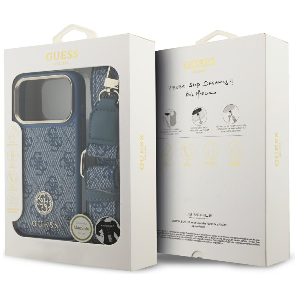 Θήκη MagSafe για Apple iPhone 17 Pro, Guess, 4G Strass Logo with Big Strap, Μπλε