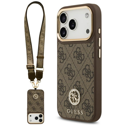 Θήκη MagSafe για Apple iPhone 17 Pro, Guess, 4G Strass Logo με Μεγάλο Λουρί, Καφέ