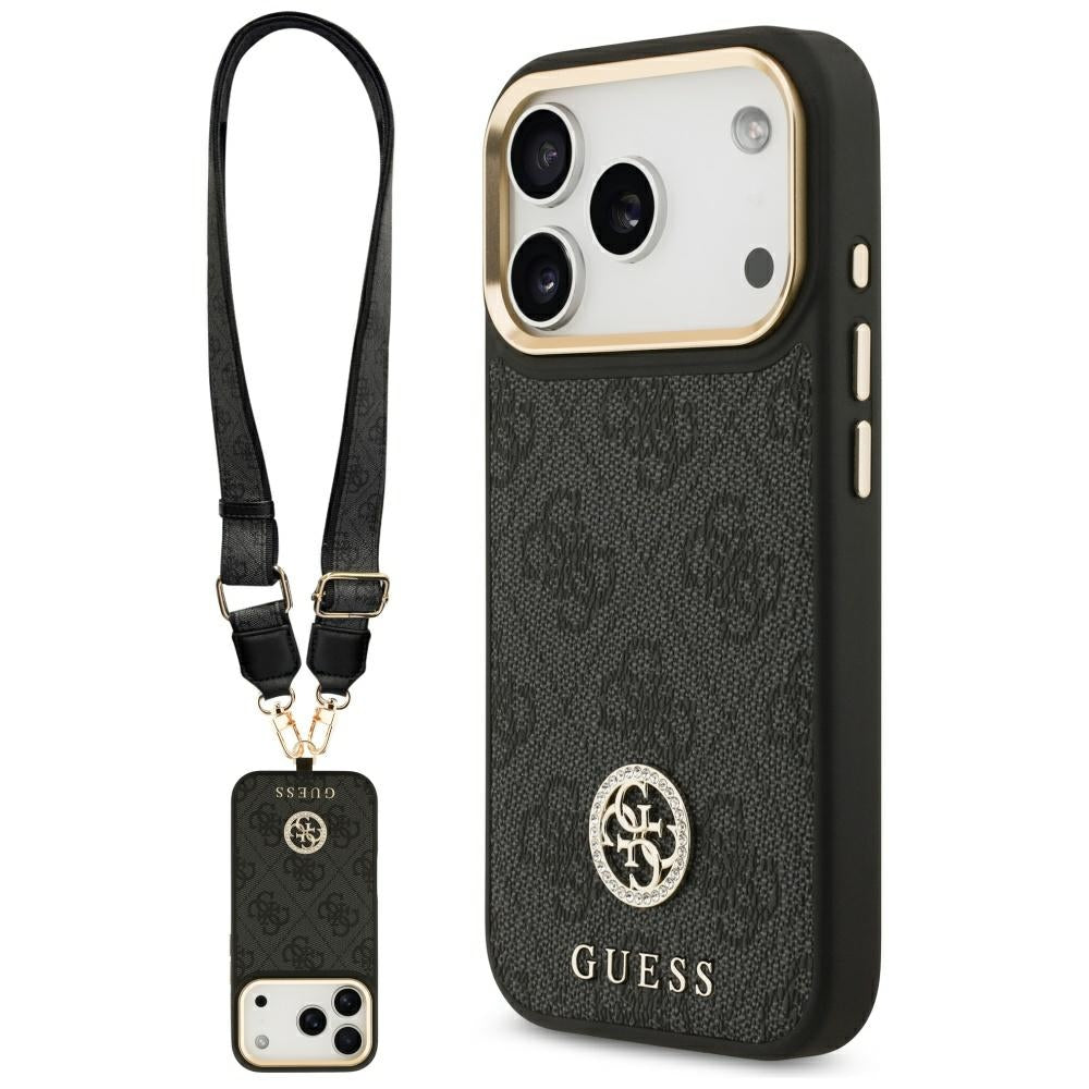 Θήκη MagSafe για Apple iPhone 17 Pro, Guess, 4G Strass Logo with Big Strap, Μαύρη