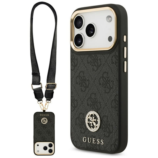 Θήκη MagSafe για Apple iPhone 17 Pro, Guess, 4G Strass Logo with Big Strap, Μαύρη