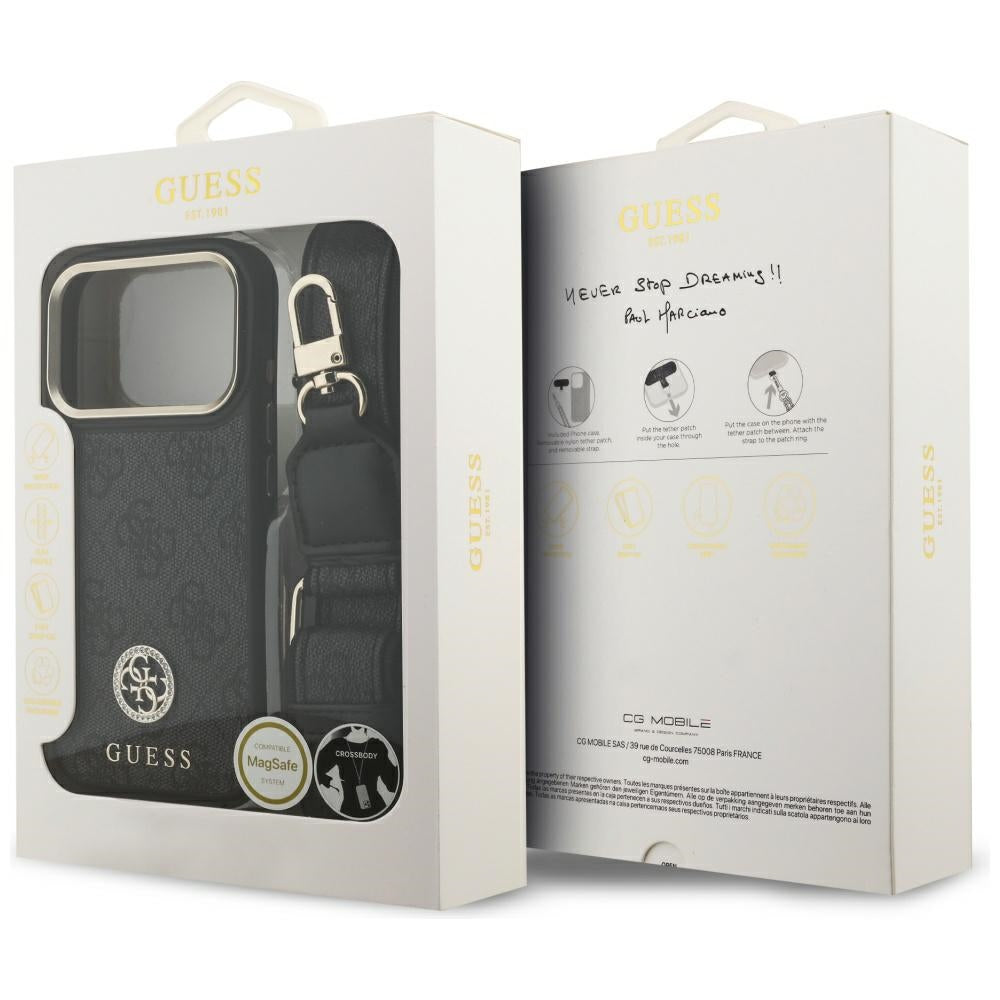 Θήκη MagSafe για Apple iPhone 17 Pro, Guess, 4G Strass Logo with Big Strap, Μαύρη