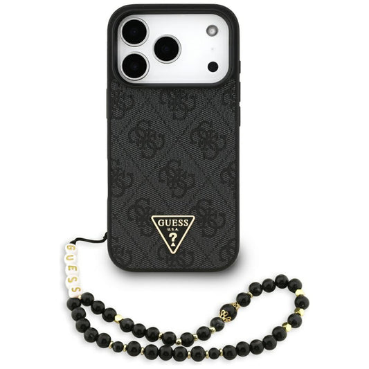 Θήκη MagSafe για Apple iPhone 17 Pro, Guess, 4G Triangle Logo με Λουράκι Κορδονιού, Μαύρη