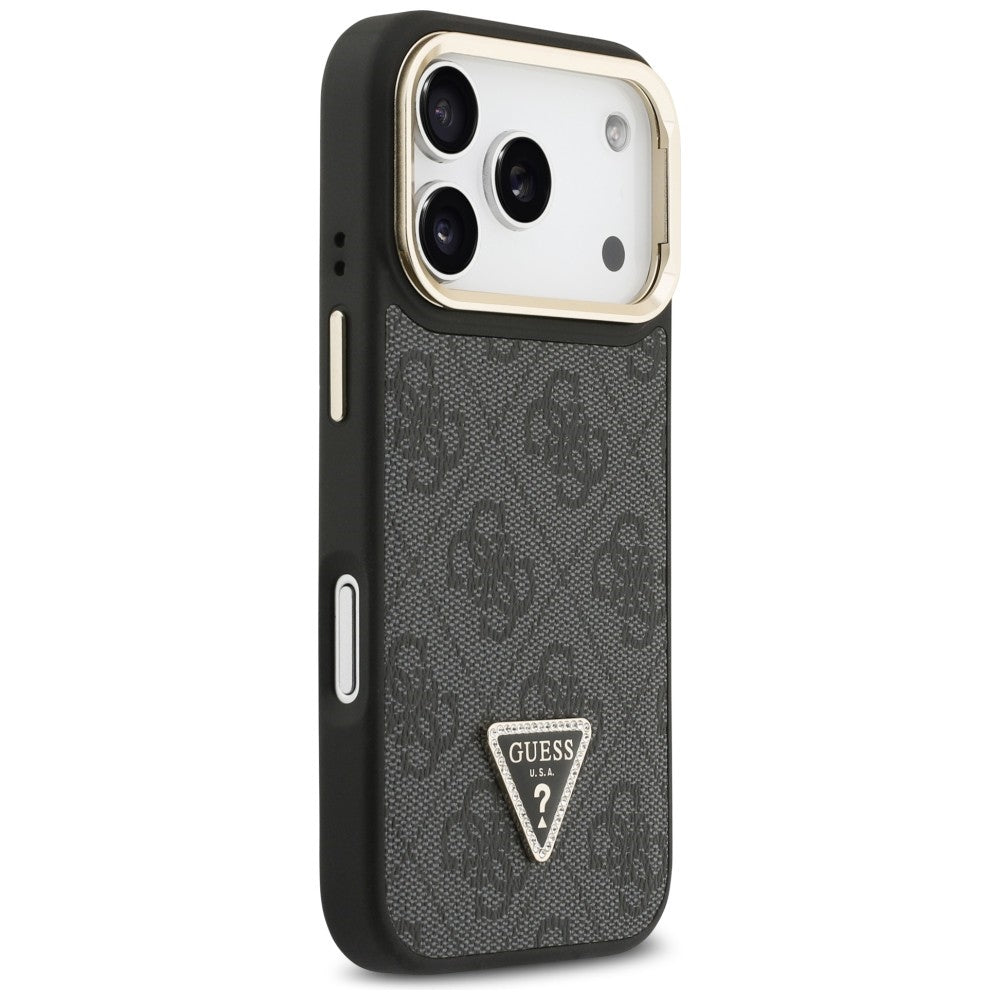 Θήκη MagSafe για Apple iPhone 17 Pro, Guess, 4G Triangle Logo με Βάση Κάμερας, Μαύρη Χρυσή