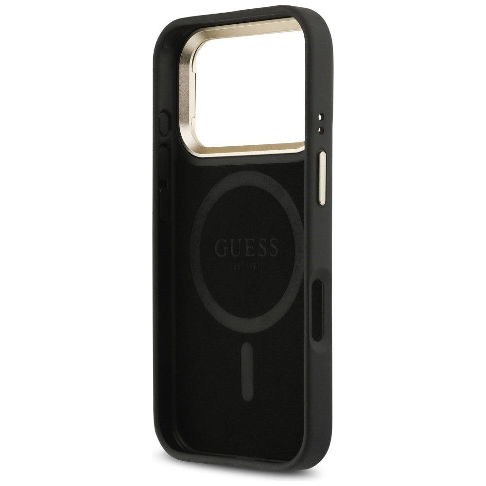 Θήκη MagSafe για Apple iPhone 17 Pro, Guess, 4G Triangle Logo με Βάση Κάμερας, Μαύρη Χρυσή