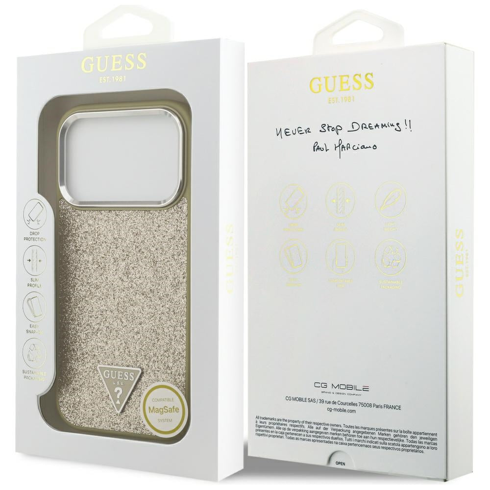 Θήκη MagSafe για Apple iPhone 17 Pro, Guess, Glitter Triangle Logo, Χρυσή
