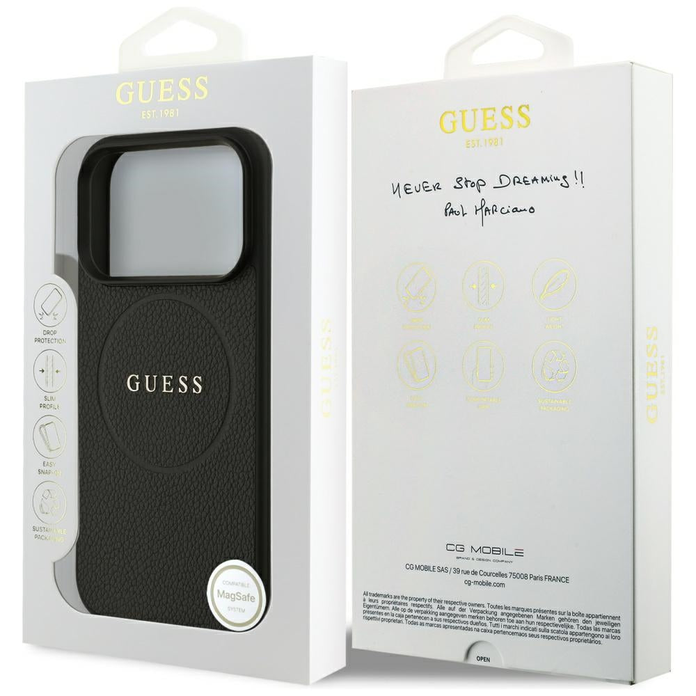 MagSafe Case for Apple iPhone 17 Pro, Guess, Grained Gold Ring, Black