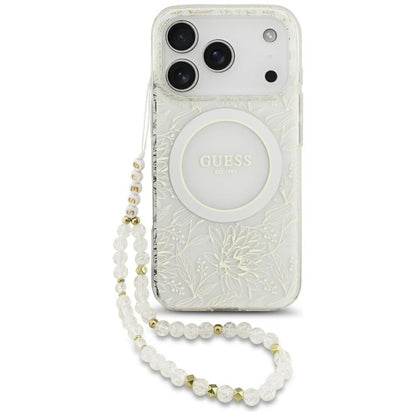 MagSafe Case for Apple iPhone 17 Pro, Guess, IML Flowers Allover Electroplated with Pearl Strap, White