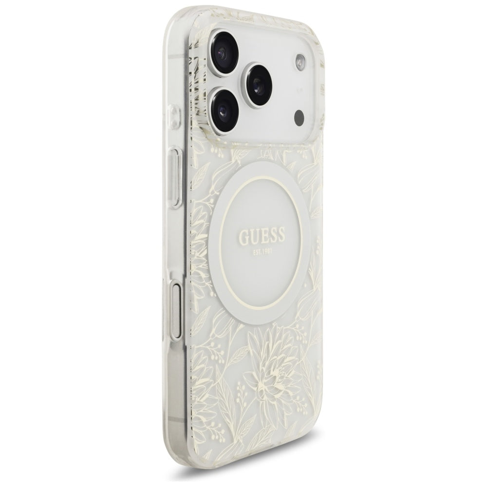MagSafe Case for Apple iPhone 17 Pro, Guess, IML Flowers Allover Electroplated with Pearl Strap, White