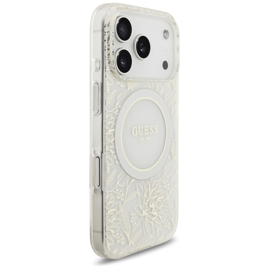 MagSafe Case for Apple iPhone 17 Pro, Guess, IML Flowers Allover Electroplated with Pearl Strap, White