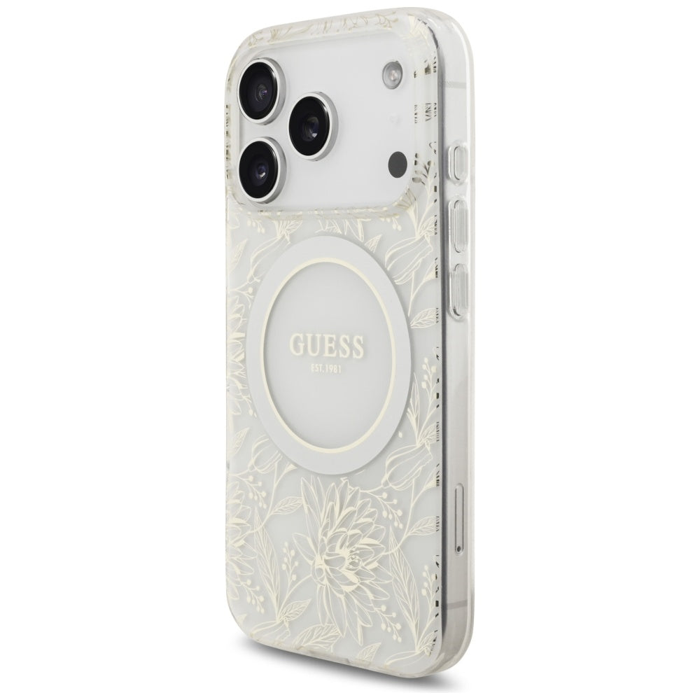 MagSafe Case for Apple iPhone 17 Pro, Guess, IML Flowers Allover Electroplated with Pearl Strap, White
