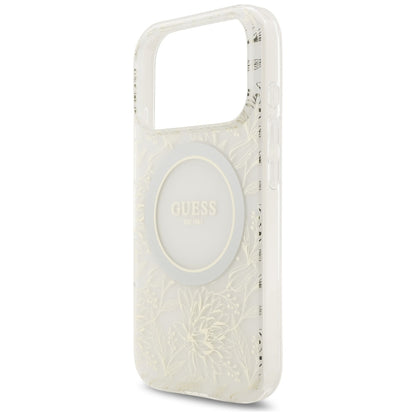 MagSafe Case for Apple iPhone 17 Pro, Guess, IML Flowers Allover Electroplated with Pearl Strap, White