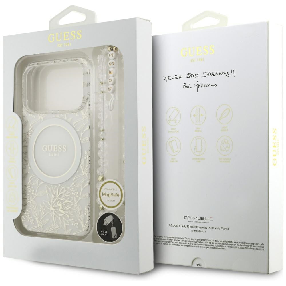 MagSafe Case for Apple iPhone 17 Pro, Guess, IML Flowers Allover Electroplated with Pearl Strap, White