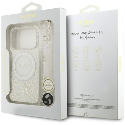 MagSafe Case for Apple iPhone 17 Pro, Guess, IML Flowers Allover Electroplated with Pearl Strap, White