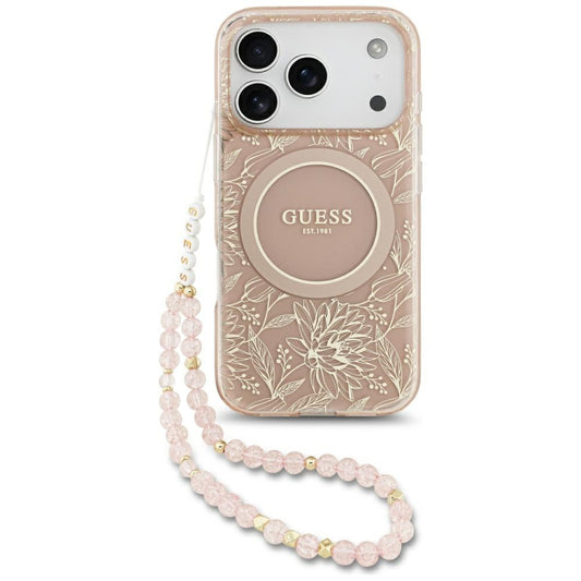 Θήκη MagSafe για Apple iPhone 17 Pro, Guess, IML Flowers Allover Electroplated with Pearl Strap, Ροζ