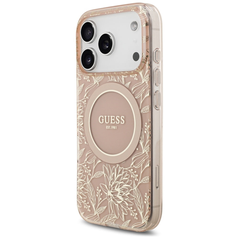 Θήκη MagSafe για Apple iPhone 17 Pro, Guess, IML Flowers Allover Electroplated with Pearl Strap, Ροζ