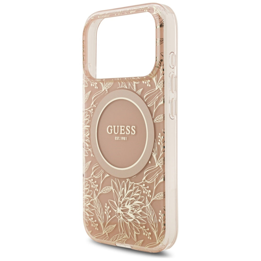 Θήκη MagSafe για Apple iPhone 17 Pro, Guess, IML Flowers Allover Electroplated with Pearl Strap, Ροζ