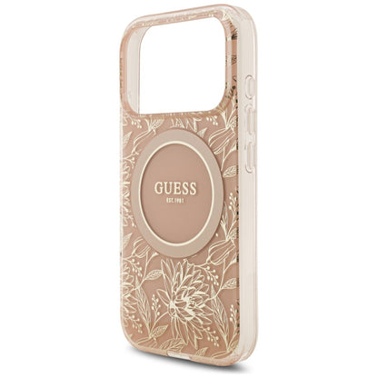Θήκη MagSafe για Apple iPhone 17 Pro, Guess, IML Flowers Allover Electroplated with Pearl Strap, Ροζ