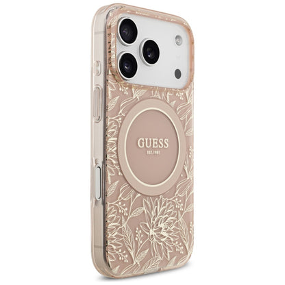 Θήκη MagSafe για Apple iPhone 17 Pro, Guess, IML Flowers Allover Electroplated with Pearl Strap, Ροζ