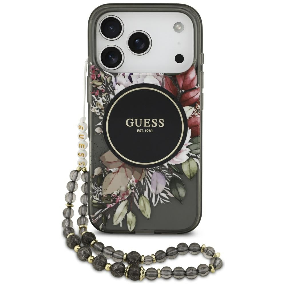 MagSafe Case for Apple iPhone 17 Pro, Guess, IML Flowers with Pearl Strap, Black