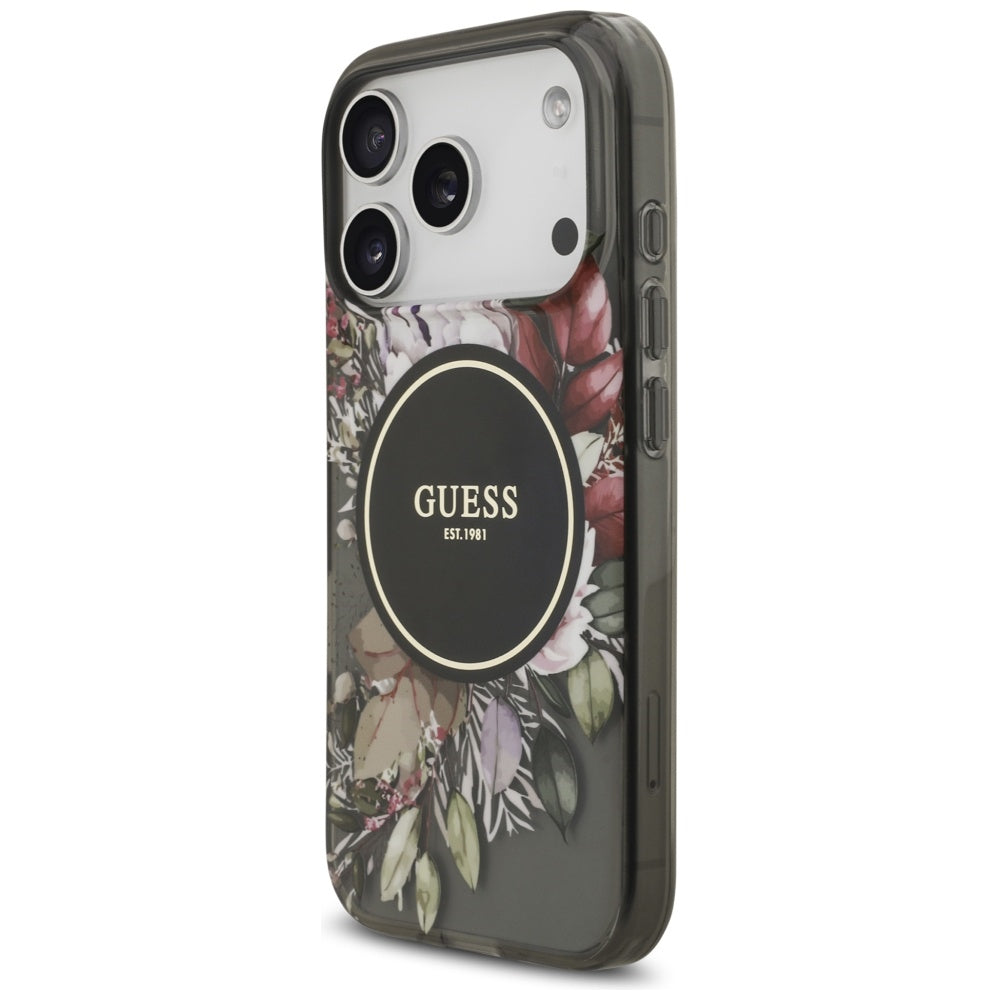 MagSafe Case for Apple iPhone 17 Pro, Guess, IML Flowers with Pearl Strap, Black
