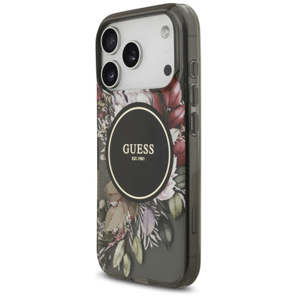 MagSafe Case for Apple iPhone 17 Pro, Guess, IML Flowers with Pearl Strap, Black