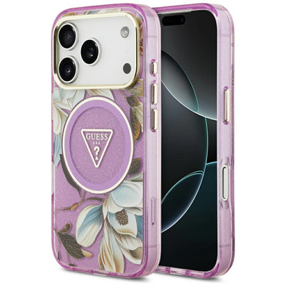 MagSafe Case for Apple iPhone 17 Pro, Guess, IML Metal Glitter Flowers Triangle, Purple