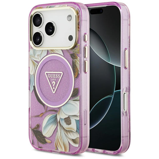 MagSafe Case for Apple iPhone 17 Pro, Guess, IML Metal Glitter Flowers Triangle, Purple