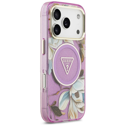 MagSafe Case for Apple iPhone 17 Pro, Guess, IML Metal Glitter Flowers Triangle, Purple