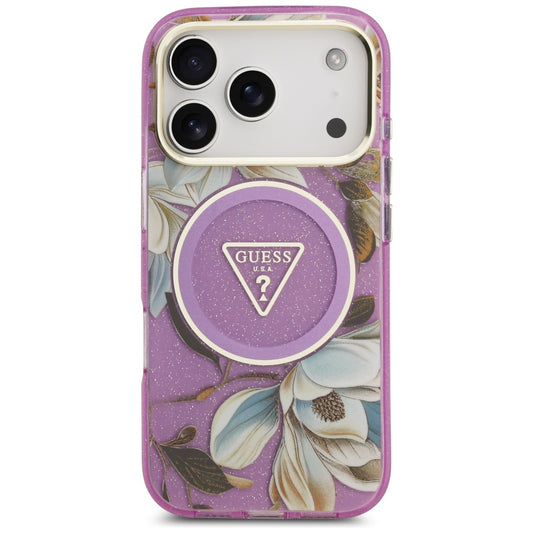 MagSafe Case for Apple iPhone 17 Pro, Guess, IML Metal Glitter Flowers Triangle, Purple