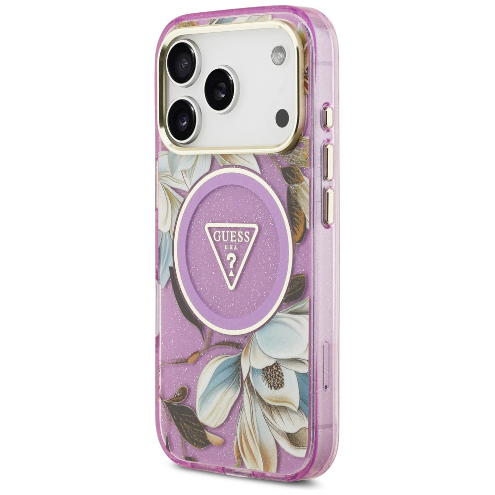 MagSafe Case for Apple iPhone 17 Pro, Guess, IML Metal Glitter Flowers Triangle, Purple