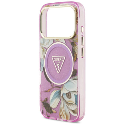 MagSafe Case for Apple iPhone 17 Pro, Guess, IML Metal Glitter Flowers Triangle, Purple