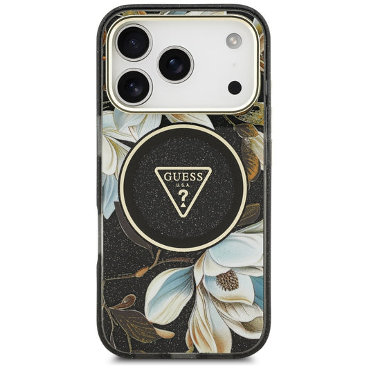 Θήκη MagSafe για Apple iPhone 17 Pro, Guess, IML Metal Glitter Flowers Triangle, Μαύρη