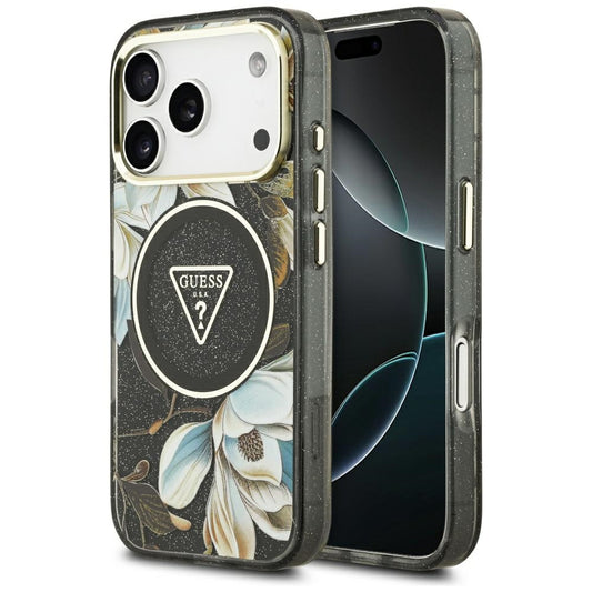 Θήκη MagSafe για Apple iPhone 17 Pro, Guess, IML Metal Glitter Flowers Triangle, Μαύρη