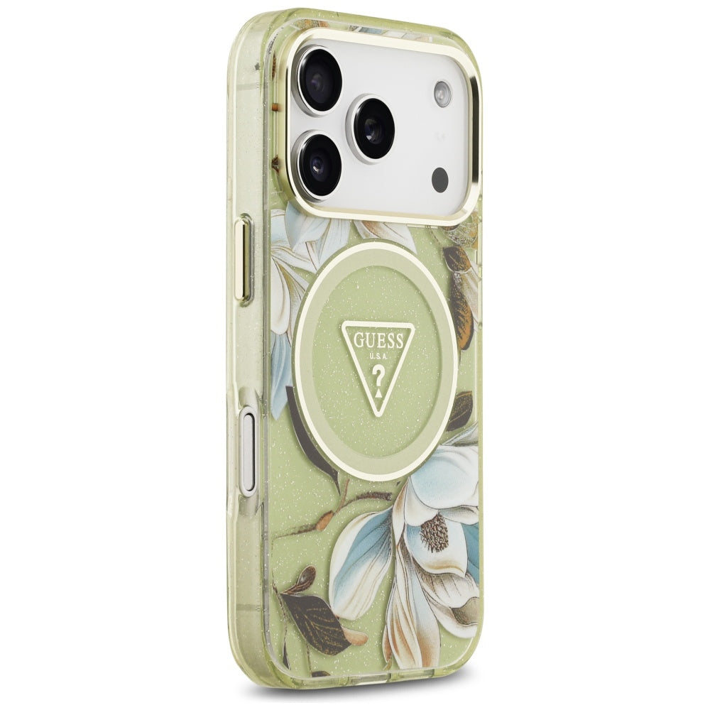 Θήκη MagSafe για Apple iPhone 17 Pro, Guess, IML Metal Glitter Flowers Triangle, Πράσινο