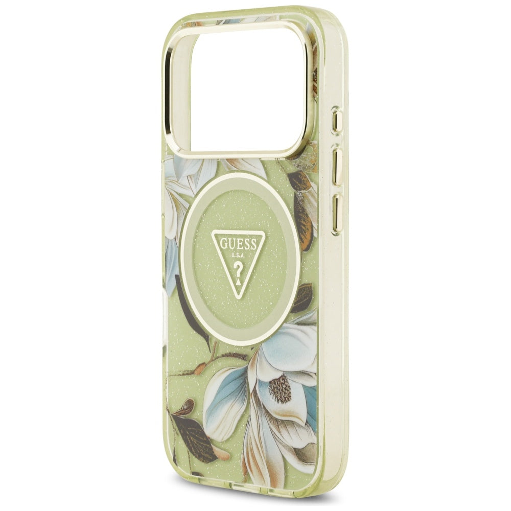 Θήκη MagSafe για Apple iPhone 17 Pro, Guess, IML Metal Glitter Flowers Triangle, Πράσινο