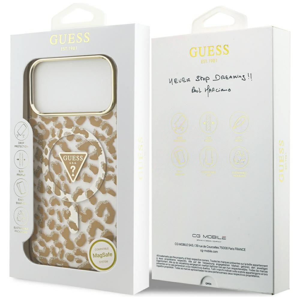MagSafe Case for Apple iPhone 17 Pro, Guess, Leopard Glitter, Brown