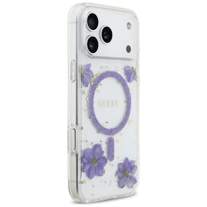 Θήκη MagSafe για Apple iPhone 17 Pro, Guess, Resin Flowers and Glitter, Μοβ