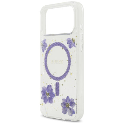 Θήκη MagSafe για Apple iPhone 17 Pro, Guess, Resin Flowers and Glitter, Μοβ
