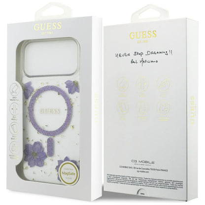 Θήκη MagSafe για Apple iPhone 17 Pro, Guess, Resin Flowers and Glitter, Μοβ
