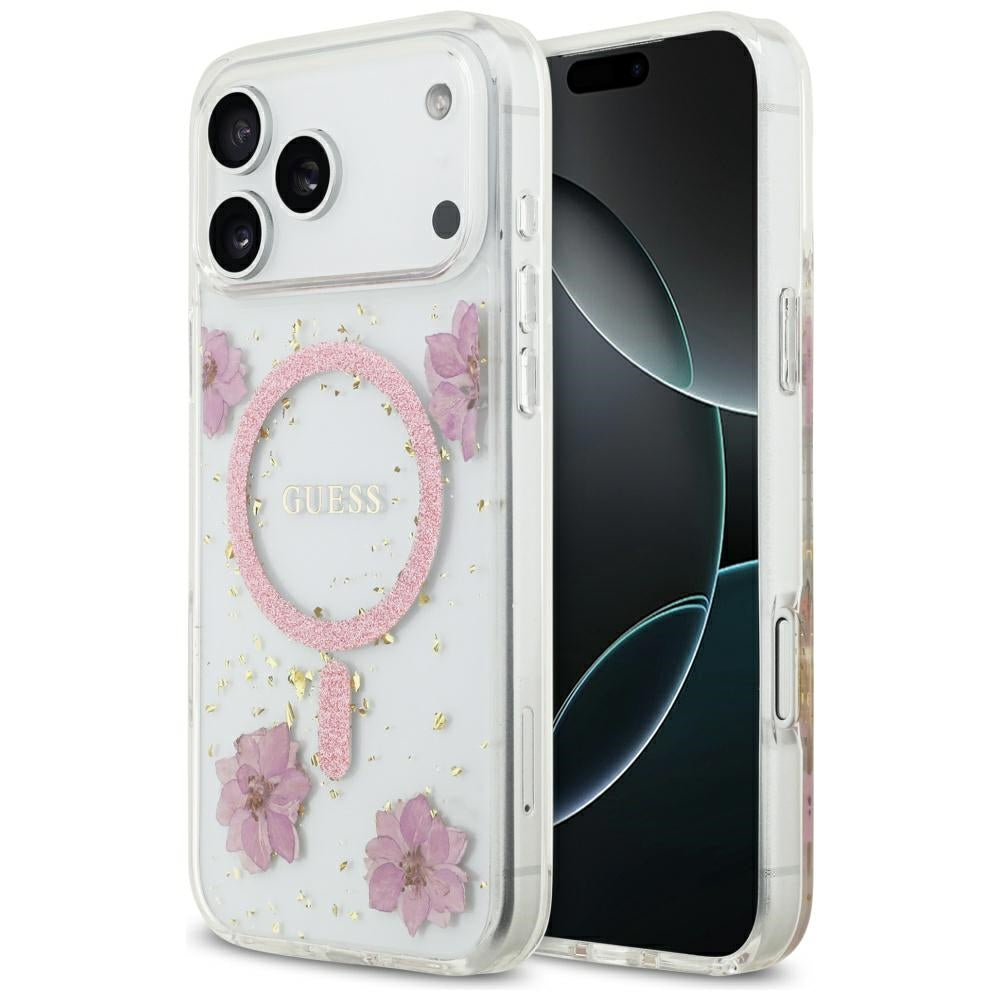 Θήκη MagSafe για Apple iPhone 17 Pro, Guess, Resin Flowers and Glitter, Ροζ