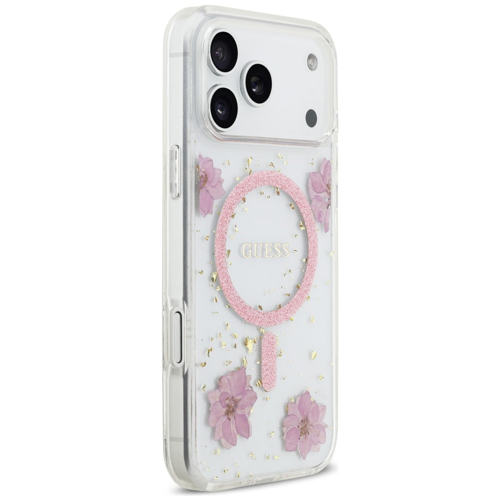 Θήκη MagSafe για Apple iPhone 17 Pro, Guess, Resin Flowers and Glitter, Ροζ