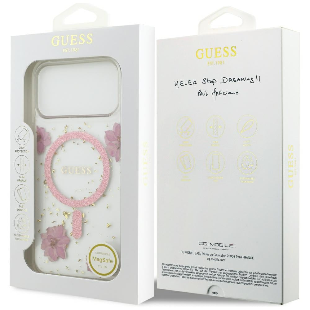 Θήκη MagSafe για Apple iPhone 17 Pro, Guess, Resin Flowers and Glitter, Ροζ