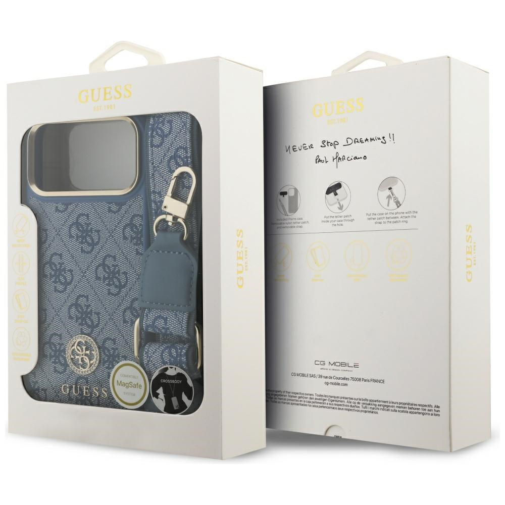 Θήκη MagSafe για Apple iPhone 17 Pro Max, Guess, 4G Strass Logo with Big Strap, Μπλε