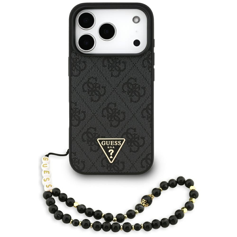 Θήκη MagSafe για Apple iPhone 17 Pro Max, Guess, 4G Triangle Logo με Λουράκι Κορδονιού, Μαύρη