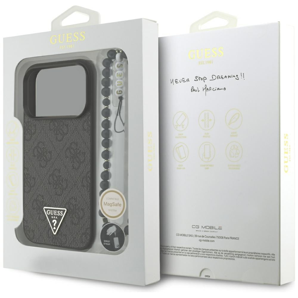 Θήκη MagSafe για Apple iPhone 17 Pro Max, Guess, 4G Triangle Logo με Λουράκι Κορδονιού, Μαύρη
